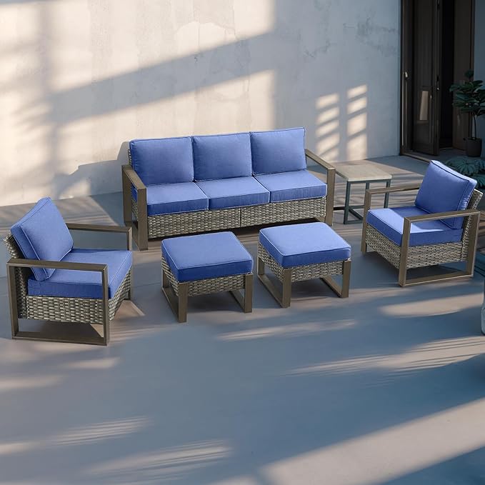 Rilyson Outdoor Wicker Patio Furniture Set - 4 Piece Patio Conversation Set with 2 Wicker Armrest Chairs,2 Rattan Ottoman, Sturdy Frame, Thick Cushions, Deep Seating(Mixed Grey/Blue)