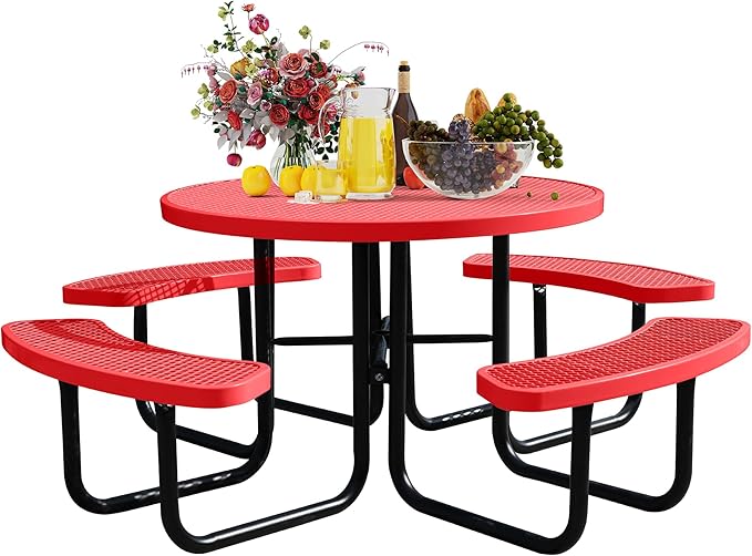 Sunnibety 8-Person Picnic Tables for Outdoors, Industrial 46" Expanded Metal Round Picnic Table with 4 Benches & Umbrella Hole, Outside Table and Bench Set for Park, Garden, Backyard, Patio, Red