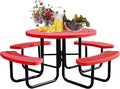 Sunnibety 8-Person Picnic Tables for Outdoors, Industrial 46" Expanded Metal Round Picnic Table with 4 Benches & Umbrella Hole, Outside Table and Bench Set for Park, Garden, Backyard, Patio, Red