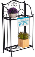 BIRDROCK HOME 2-Tier Metal Tiny Plant Stand Shelf - Decorative Mediterranean Scroll Design - Lightweight Folding - Black Metal Holder Rack - Indoor or Outdoor Use - Great for Small Spaces - Small
