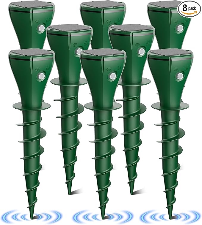 8 Packs Mole Repeller for Lawns，Solar Powered Vole Repellent Ultrasonic Pest Control Stake, Waterproof Sonic Pulse Deterrent for Gopher Vole Snake in Lawn, Garden & Yard