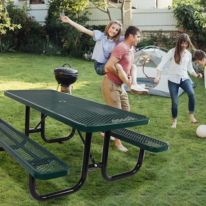 Phyfalip 6 ft. Rectangular Outdoor Steel Picnic Table with Umbrella Pole, Heavy-Duty Weather-Resistant Dining Table for Patio, Backyard, and Garden, Rust-Resistant Finish, Green