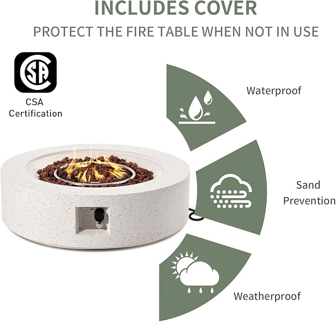 COSIEST 42 inch Outdoor Propane Fire Pit Coffee Table w Concrete Round Base Patio Heater, 50,000 BTU Stainless Steel Burner, Free Lava Rocks, Rain Cover