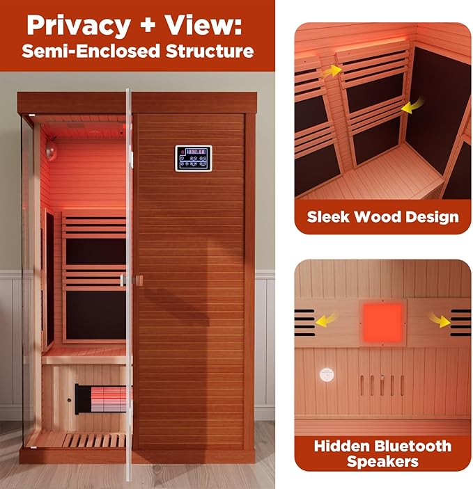 2-Person FAR Infrared Sauna for Home & Gym, 7-Color Chromotherapy Lights & 2 Speakers, 1990W Canadian Hemlock Wood Indoor Dry Spa