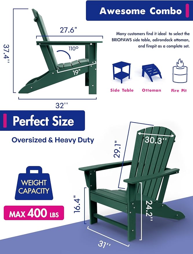 BRIOPAWS Adirondack-Chairs-Set of 6 | Fire Pit Chair | Oversized | HDPE Plastic | Weather Resistant | for Deck Outdoor Poolside Campfire | Forest