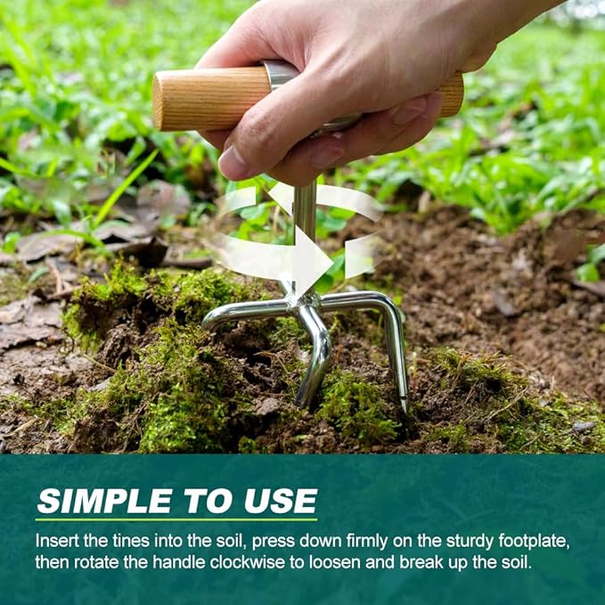Berry&Bird Twist Tiller - 4 Stainless Steel Tines Hand Tiller for Aerating, Loosening Soil and Removing Weed, Garden Cultivator Tiller with Wooden Handle, Perfect for Raised Beds, Borders & Containers