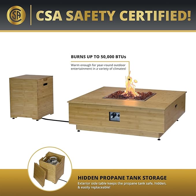 43" Gas Fire Pit Table with Propane Tank Cover Table Wood Grain Design Square Includes Lava Rocks and Weatherproof Cover for Outdoor Patios Parties Garden 50,000 BTUs CSA Certified