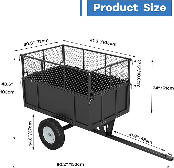 GAOMON Heavy Duty Utility Trailer for ATV/UTV, 750lbs Capacity Garden Dump Cart with 17 Cu. Ft. Bed, Removable Sides, Pneumatic Tires, Hitch Compatible Pull-Behind Yard Cart for Lawn Mower, Tractor