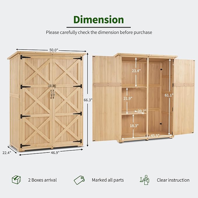 Macrout Outdoor Storage Cabinet, Wooden Storage Shed with Lock, Outside Garden Tool Shed with 2 Doors for Patio Yard Lawn, 1933 (Large)