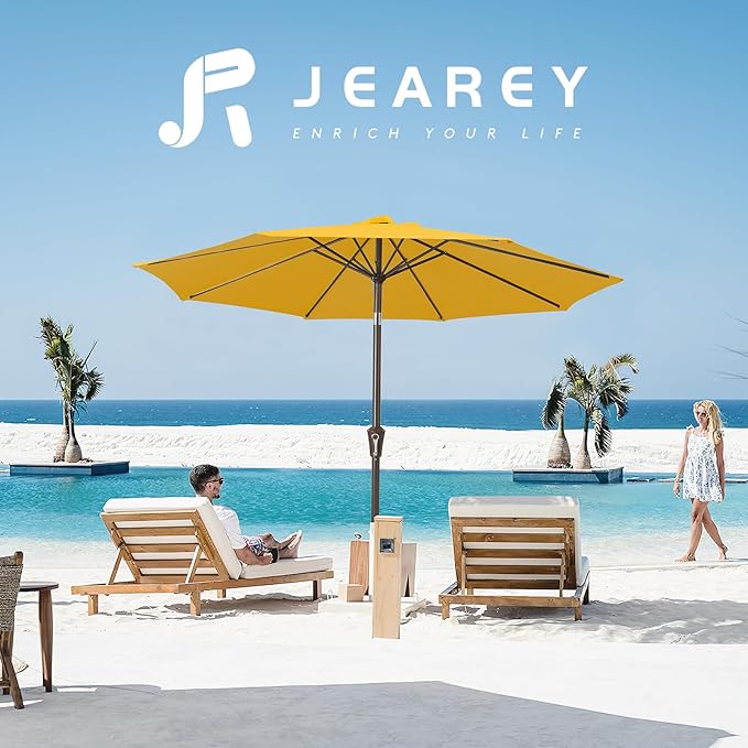 JEAREY 9FT Outdoor Patio Umbrella Outdoor Table Umbrella with Push Button Tilt and Crank, Market Umbrella 8 Sturdy Ribs UV Protection Waterproof for Garden, Deck, Backyard, Pool (Bright Orange)