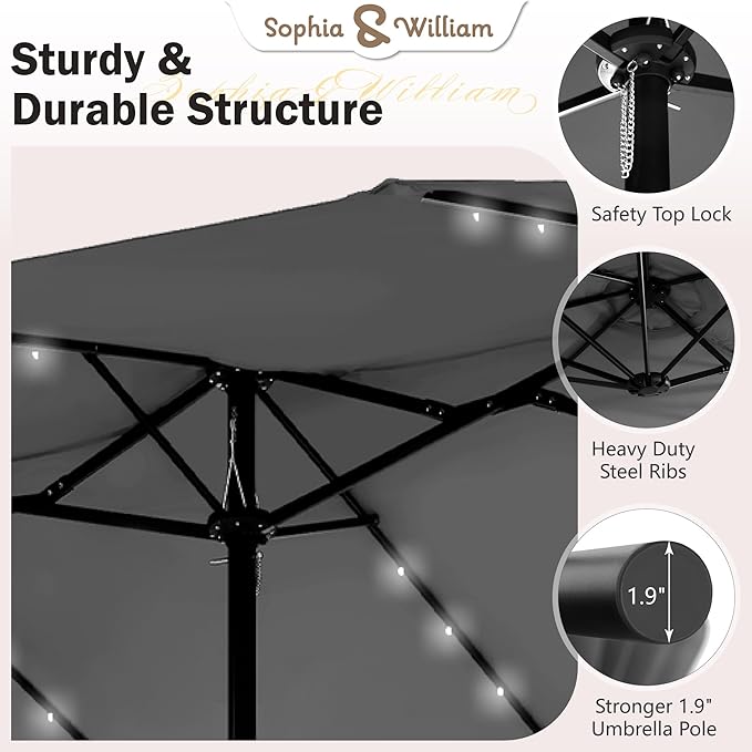 Sophia & William 15 ft Extra Large Patio Umbrella with Solar Lights, Rectangular Outdoor Umbrella with Base Included, Market Umbrella Double-sided Heavy Duty for Pool Garden Backyard, Smoky Gray