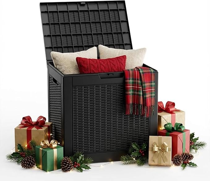 30 Gallon Outdoor Storage Box Waterproof,Outside Delivery Package Deck Box with Lockable Lid,Poolside Storage Bin for Garden Tools,Patio Cushion,Black Rattan