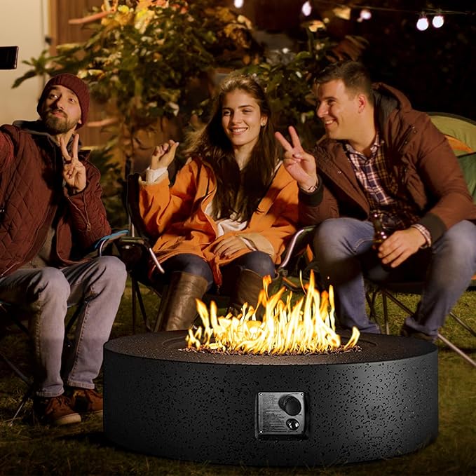 COSIEST 42 inch Outdoor Propane Fire Pit Coffee Table w Concrete Round Base Patio Heater, Certified, 50,000 BTU Stainless Steel Burner, Free Lava Rocks, Rain Cover, Tank Cover, Gray