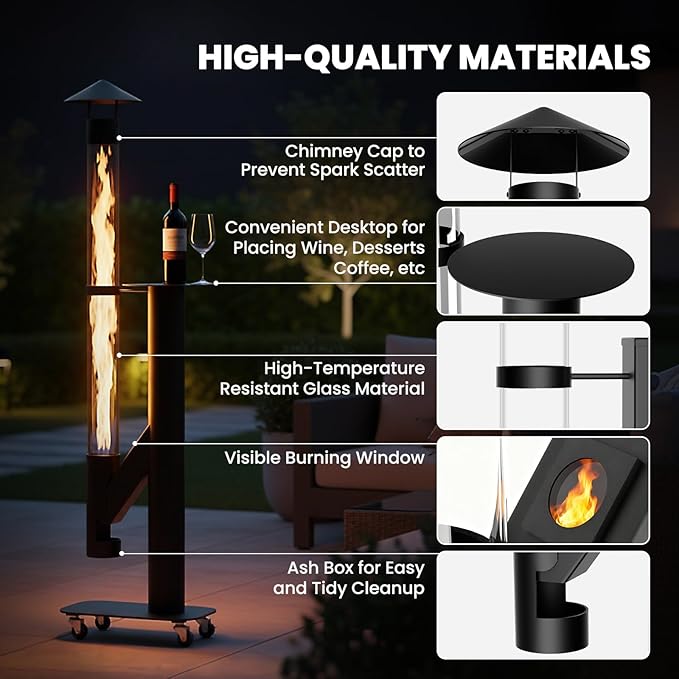 DoCred Patio Pellet Heater, 71.2" H Wood Pellet Heaters Including Thickened Base with Wheels, Smokeless Glass Fire Tube Heater Outdoor Metal Fire Pit for Patio, Backyard, Camping, Porch & Garden
