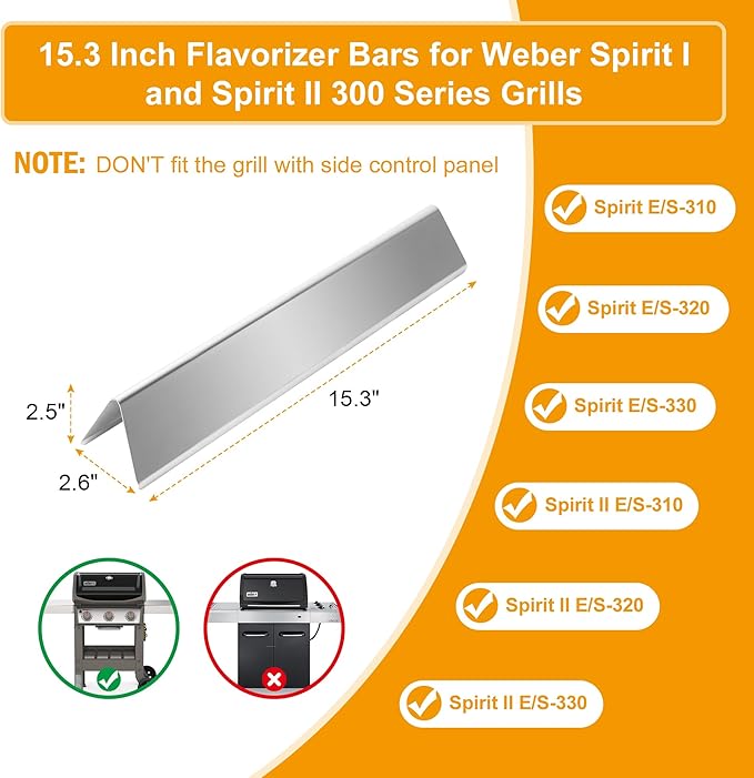 7636 Flavorizer Bars for Weber GS4 Spirit 2 Spirit I 300 Series Spirit E310 S310 E320 S320 Gas Grill with Front Control Knobs,Replacement Part for Weber 67046,5 Pack Stainless Steel Flavor Bars