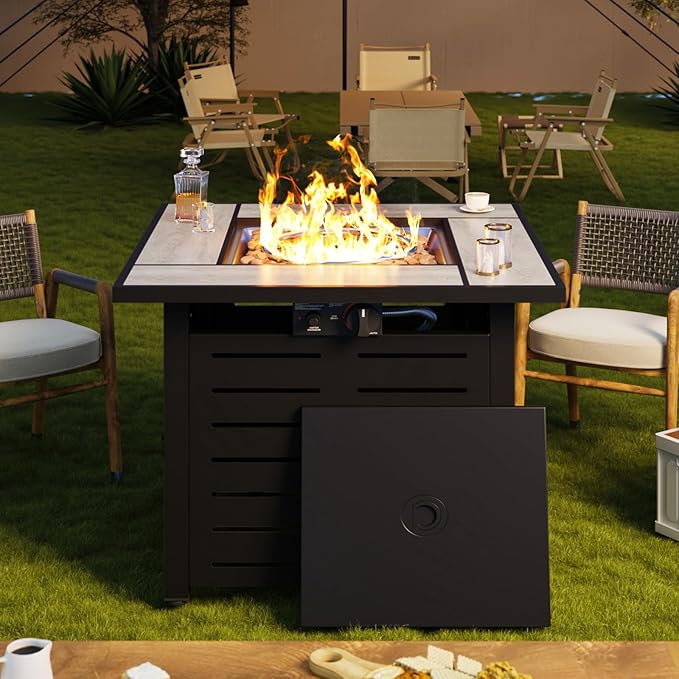 28" Outdoor Propane Fire Pit Table Ceramic Top & Lava Rocks,50000 BTU Square Patio Heater Waterproof Lid Gas Fire Pits for Outside Patio Black