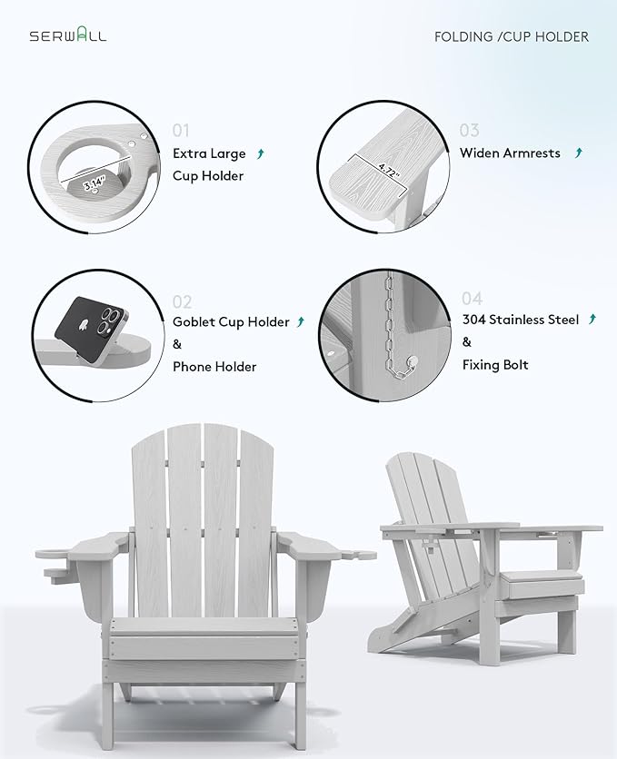 SERWALL Adirondack Chair with Cup Holders - Composite Adirondack Chairs Set of 6 HDPE Outdoor Chairs All Weather Use- Silver Gray