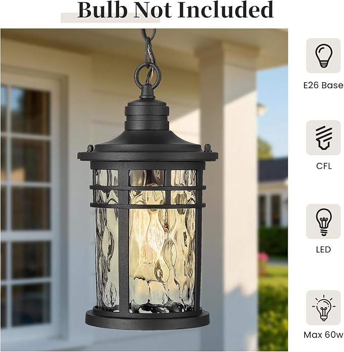Naxttii Outdoor Pendant Lights for Porch Aluminum Hanging Porch Light with Water Ripple Glass Hanging Lantern for Front Patio Gazebo Foyer or Garage