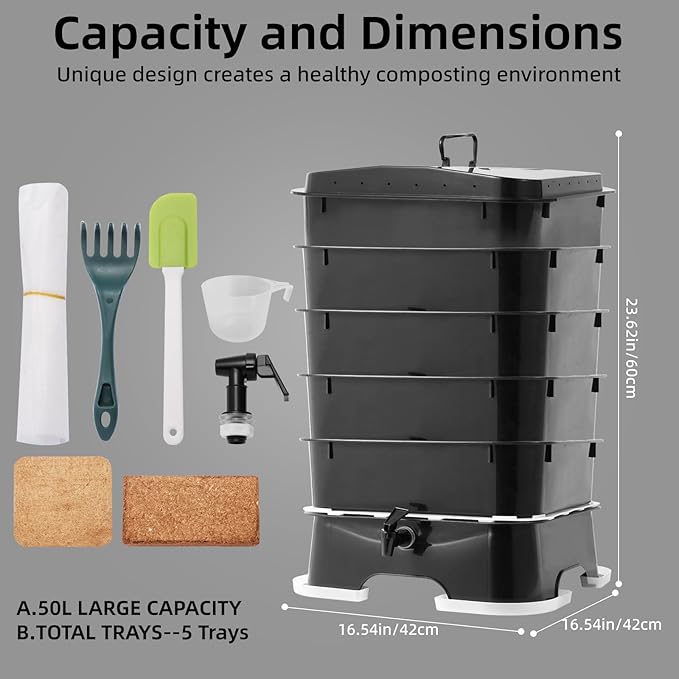 5-Tray Worm Compost Bin, Worm Composter for Outdoor & Indoor, 5-Tray ecocultivatify Wormie's Home Plus, Worm Bin Set for Recycling Household Waste (Black)