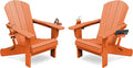 KINGYES Folding Adirondack Chair Set of 2, Dual Cup Holders & All-Weather HDPE, Wood-Like Patio Chair for Backyard, Camping, Pool & Fire Pit, Orange