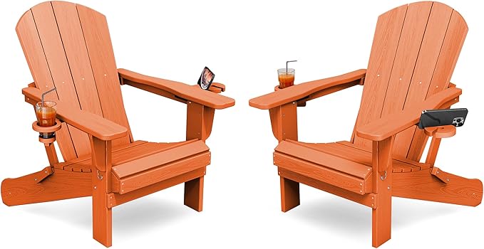 KINGYES Folding Adirondack Chair Set of 2, Dual Cup Holders & All-Weather HDPE, Wood-Like Patio Chair for Backyard, Camping, Pool & Fire Pit, Orange
