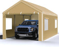Carport 10x20 Ft, Heavy Duty Car Canopy with Reinforced Ground Bar, Portable Garage with Roll-up Windows and Removable Sidewalls, Galvanized Car Shelter, Large Outdoor Carports (Beige)