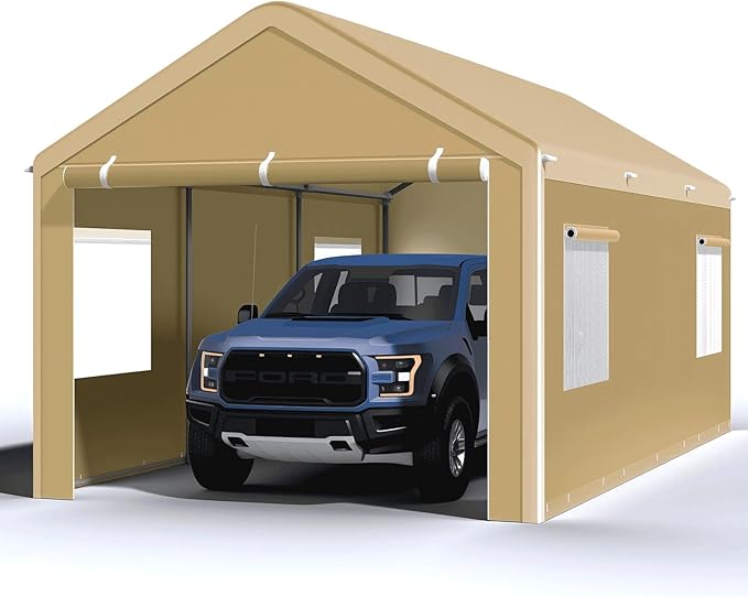 Carport 10x20 Ft, Heavy Duty Car Canopy with Reinforced Ground Bar, Portable Garage with Roll-up Windows and Removable Sidewalls, Galvanized Car Shelter, Large Outdoor Carports (Beige)
