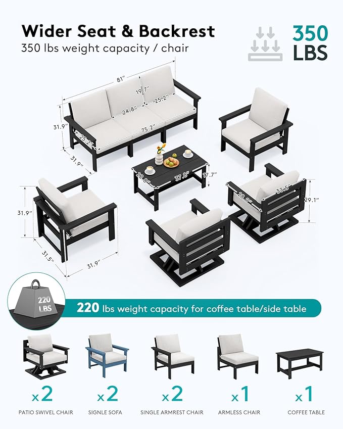 SERWALL HDPE Outdoor Patio Furniture Set, 8-Piece Outdoor Sectional Sofa with 2 Single Seat Swivel Sofas with Thick Cushions for Lawn, Deck, Black Frame with Beige Cushions