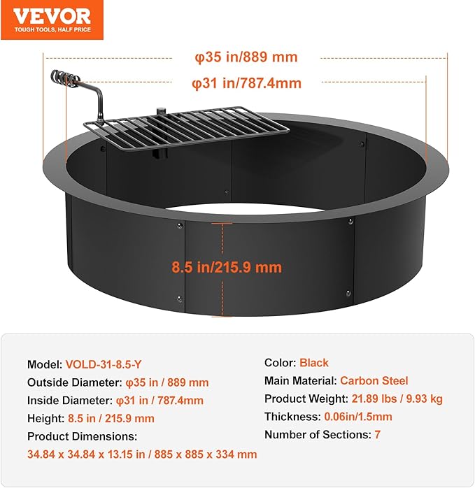 VEVOR Fire Pit Ring, Fire Pit Insert with Barbecue Fire Ring, 35-in Outer/31-In Inner Diameter, 8.5in Height, Carbon Steel Liner DIY Campfire Ring Above/In-Ground, for Outdoor Camping, Bonfires