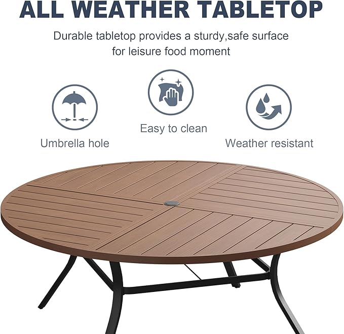 VICLLAX Round Patio Dining Table, 8-10 Person Metal Outdoor Dining Table with Umbrella Hole and Storage Shelf for Garden Lawn Deck, 60" Walnut