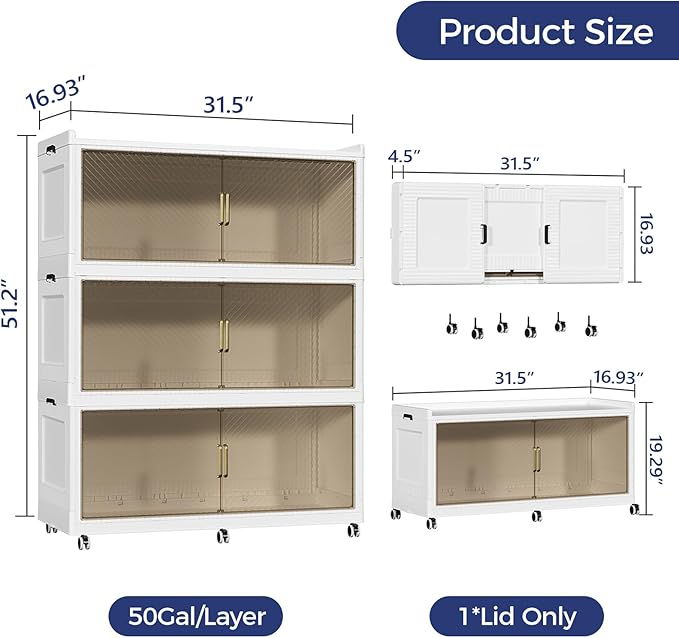 150Gal Extra Large Stackable Storage Bins with Lid, 600Qt Collapsible Storage Box with Wheels, Closet Organizers and Storage Cabinet Container for Home, Kitchen, Office, Bedroom, 3Pack White