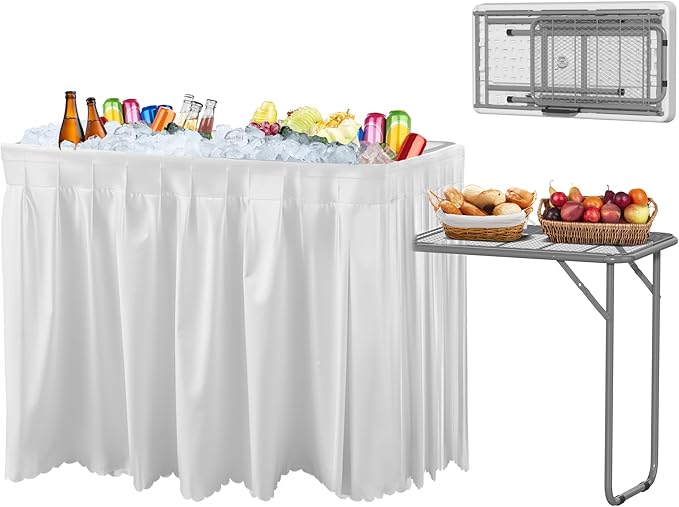 IWDOO Ice Cooler Table with Foldable Extension Stand, 4 Foot Outdoor Ice Table with Matching Skirt & Drain Hose, Folding Cooler Tables with Metal Shelf for Party, BBQ, Camping Picnic, White