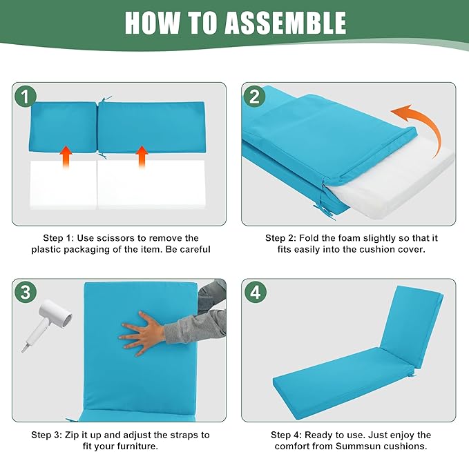 Chaise Lounge Cushions Outdoor Set of 4 - Waterproof and Fade Resistant Sun Lounger Replacement Cushions - Patio Lounger Pads with Removable Cover for Pool, Deck, Lawn, 72 x 21 x 3 Inch, Teal