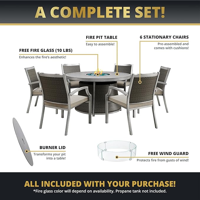 Mazatzal 7 Piece Wicker Patio Furniture Set with 52" Round Propane Gas Firepit Table, 6 Patio Chairs with Cushions, Outdoor Aluminum Conversation Set for Poolside, Backyard, CSA Certified, Gray