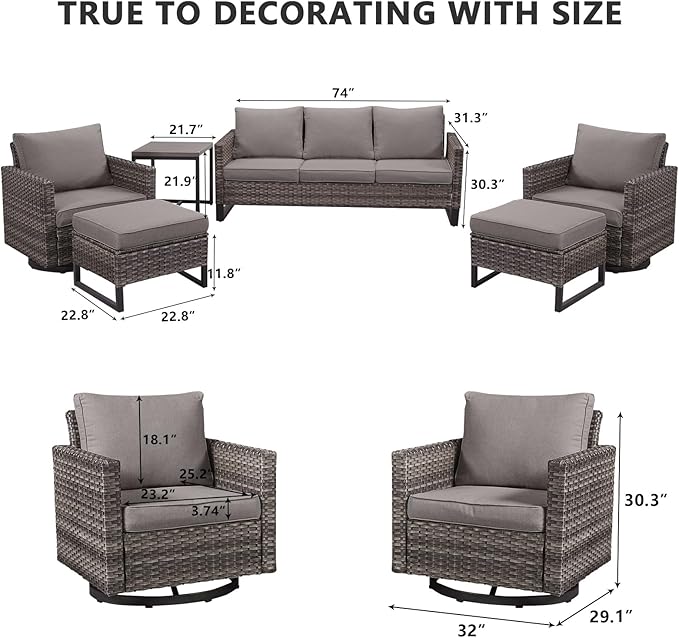 HUMMUH 6 Piece Patio Furniture Set Outdoor Sectional Sofa,PE Wicker Patio Swivel Rocker Chairs with Ottomans Side Table for Porch,Garden,Backyard
