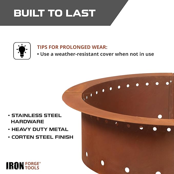 Heavy Duty Metal Smokeless Permanent Fire Pit Ring 36 inch Outer/30 inch Round Fire Pit Insert Liner for Outdoor, Firepits for Outside Corten Steel (36x30x10), Patent Pending