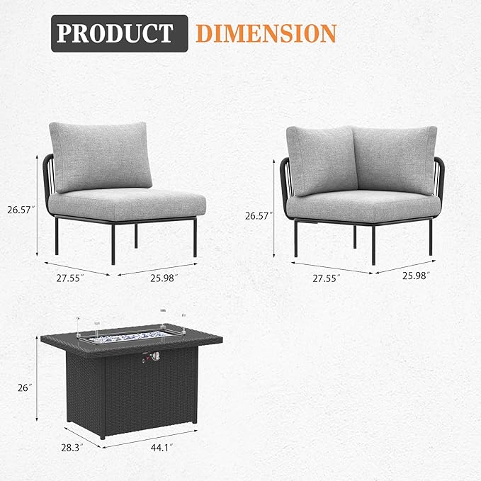 7 Piece Modern Outdoor Rope Wicker Sectional Patio L-Shaped Conversation Sofa Set Deep Seating with Fire Pit Table