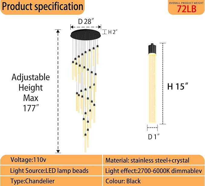 177‘’ Long Crystal Column Chandelier Black 30-Light Extra Large Staircase Chandelier High Ceiling Dimmable Led Ceiling Lighting Foyer Entryway Light Source is Replaceable
