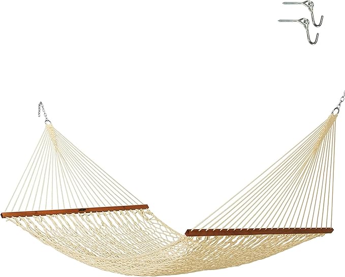 Original Pawleys Island Deluxe Oatmeal DuraCord Rope Hammock – 13 ft. x 60 in., 2-Person, 450 lb Capacity, Oak Spreader Bar, Zinc-Plated Hardware, Handcrafted in The USA