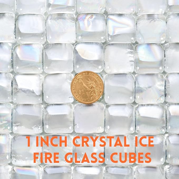 GasSaf Crystal Ice Fire Glass Cubes for Outdoor Fire Pit, Fireplace, Replaces Existing Gas Logs & Lava Rocks, 1 Inch Glass(10 Pound)(Crystal Ice Luster)