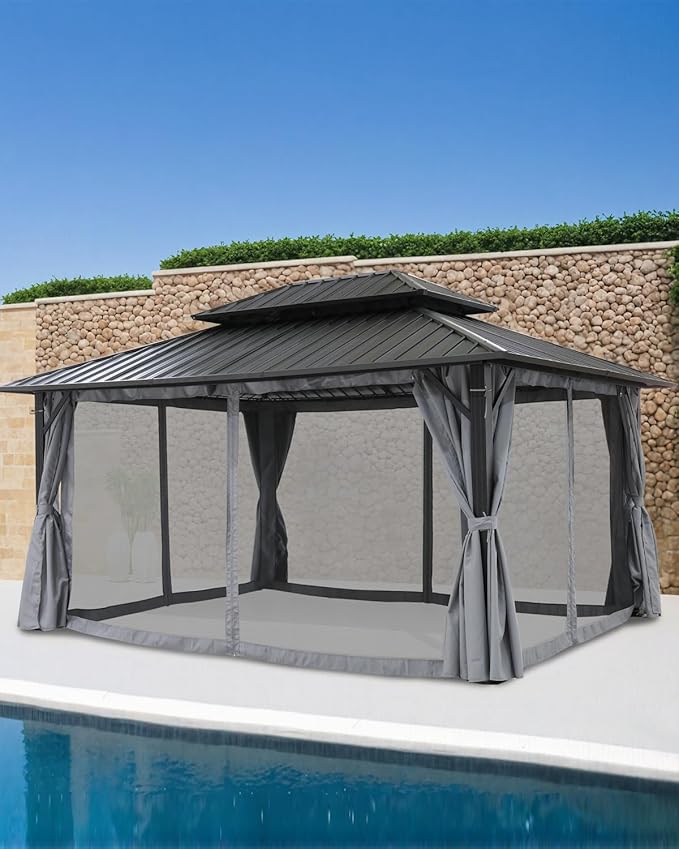 SEEHILL 12' x 16' Hardtop Gazebo, Outdoor Patio Gazebo, Aluminum Frame Patio Hardtop Gazebos with Netting and Curtain, Outdoor Patio Pergola with Double Steel Roofs for Deck, Lawns, Garden, Slate Gray