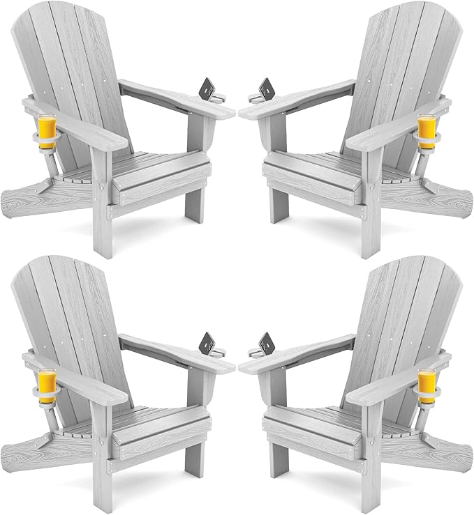SERWALL Adirondack Chair with Cup Holders - Composite Adirondack Chairs Set of 4 HDPE Outdoor Chairs All Weather Use- Silver Gray