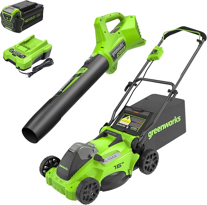 Greenworks 40V 16" Brushless Cordless (Push) Lawn Mower + Blower (350 CFM), 4.0Ah Battery and Charger Included (75+ Compatible Tools)