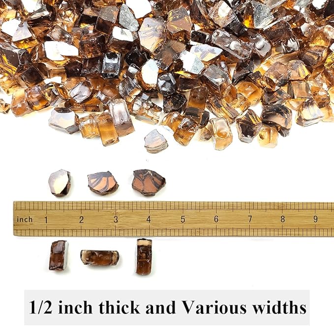 Fire Glass for Propane Fire Pit, 1/2 Inch High Reflective Fireplace Glass Rocks for Fire Pit Table, 10 lbs Fire Pit Glass Rocks for Outdoor Fire Table and Landscaping, Copper Reflective