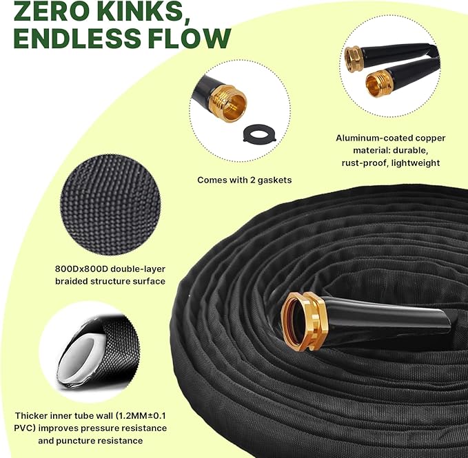 Lightweight Flat Garden Hose 25ft, 800D Woven Water Hose with 3/4” Aluminum-Copper Fittings with 2 Rubber Washers, 580 PSI Burst Pressure, Flexible Kink-Free Hose for Outdoor, Lawn & Yard