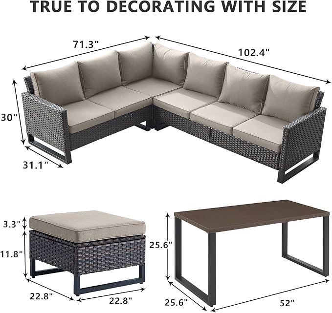 HUMMUH 8 Piece Patio Furniture Set PE Wicker Outdoor Sectional Sofa and Patio Swivel Chairs Outdoor Dining Table Ottomans for Porch,Garden,Backyard,Deck(Brown/Grey)