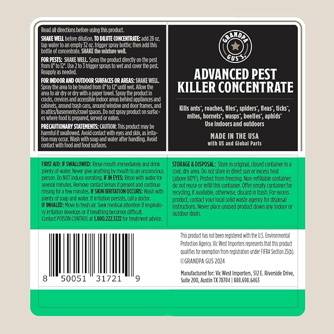 Grandpa Gus's Advanced Natural Pest Control with Clove & Cottonseed Oil - Indoor/Outdoor Insect Killer for Spiders, Ants, Roaches, Earwigs & Bed Bugs, Pet-Friendly, Concentrate 2 Pack + Spray Bottle