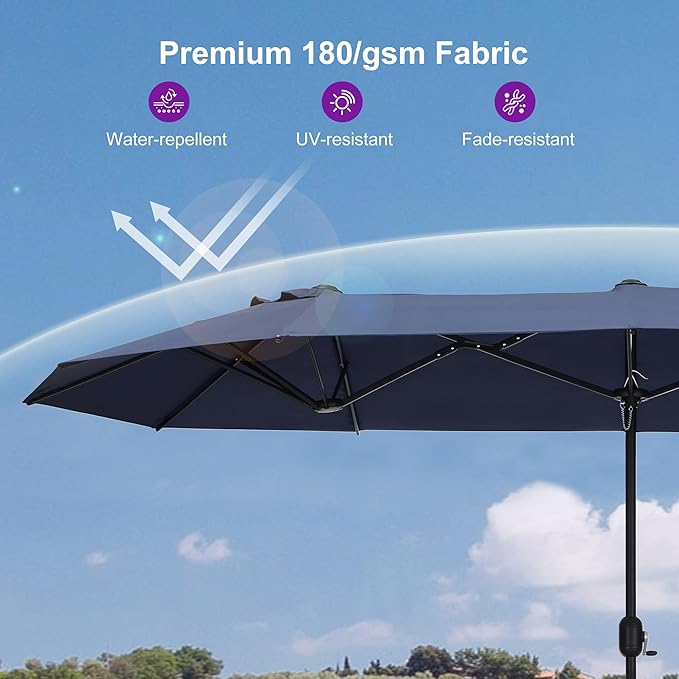 PURPLE LEAF 14ft Patio Market Umbrella with Base Double-Sided Rectangle Outdoor Table Sun Umbrellas with Crank 12 Heavy Duty Sturdy Ribs for Pool Beach Deck Backyard Navy Blue