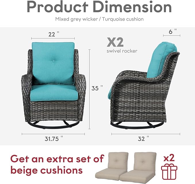 Belord Outdoor Swivel Rcoker Wicker Chairs - Swivel Patio Chairs Set of 2 Patio Furniture Sets with Covered Cushion for Porch Deck Balcony Backyard, Turquoise Cushion