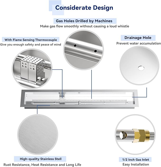 Skyflame 36" Linear Stainless Steel Fire Pit Drop-in Burner Kit with Flame Sensing, Electronic Spark Ignition, CSA Certified, and Propane Regulator Connector Hose Set for Propane Tank
